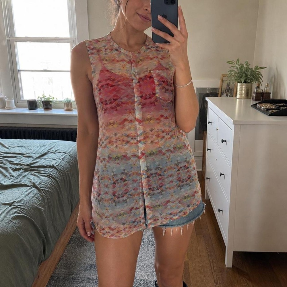 CAbi Sheer Geometric Print Longline Tunic Top XS